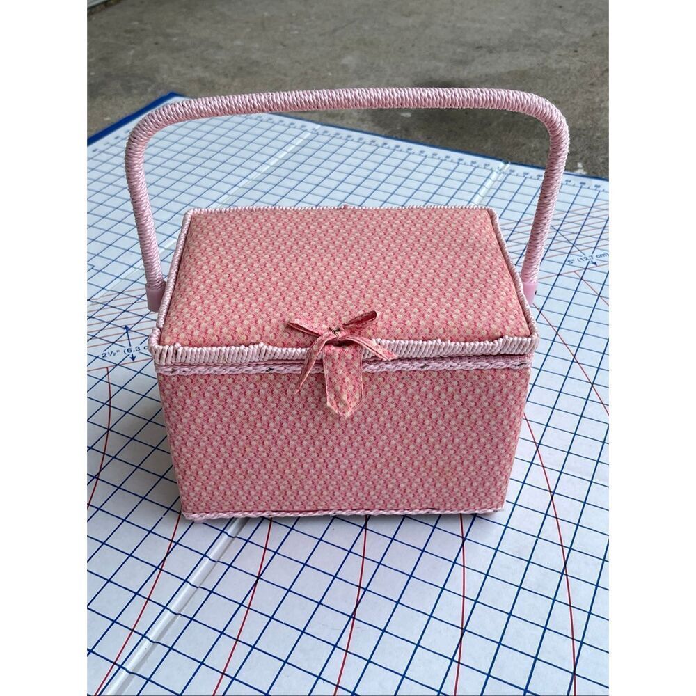 VTG Pink Floral Sewing Basket Box Filled Sewing Kit Wood Base Cottagecore